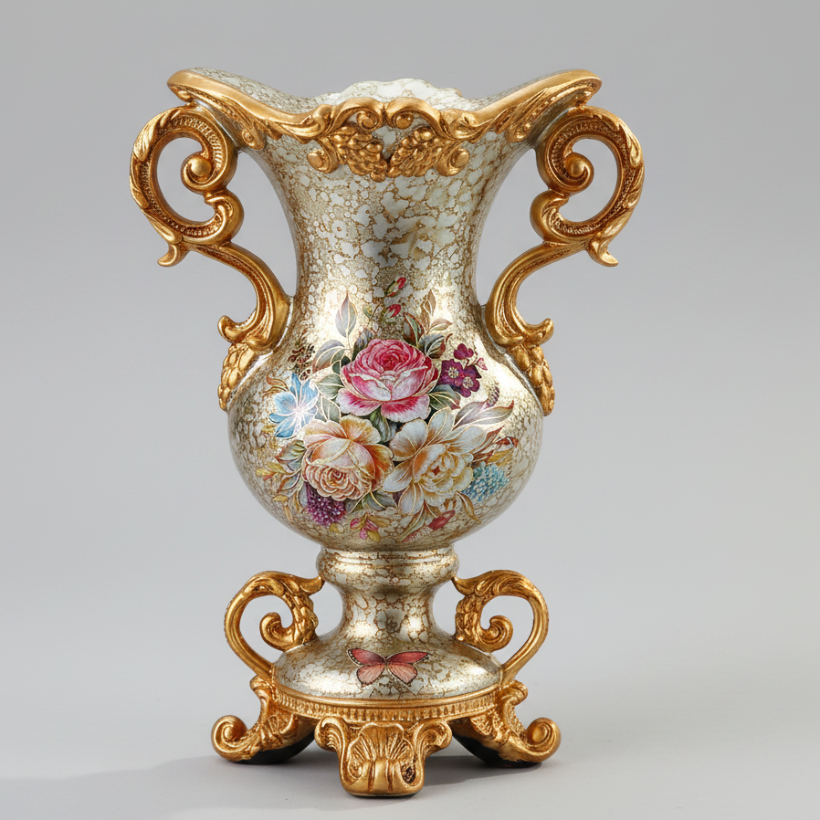 Decorative vase with floral design and gold accents on a table.