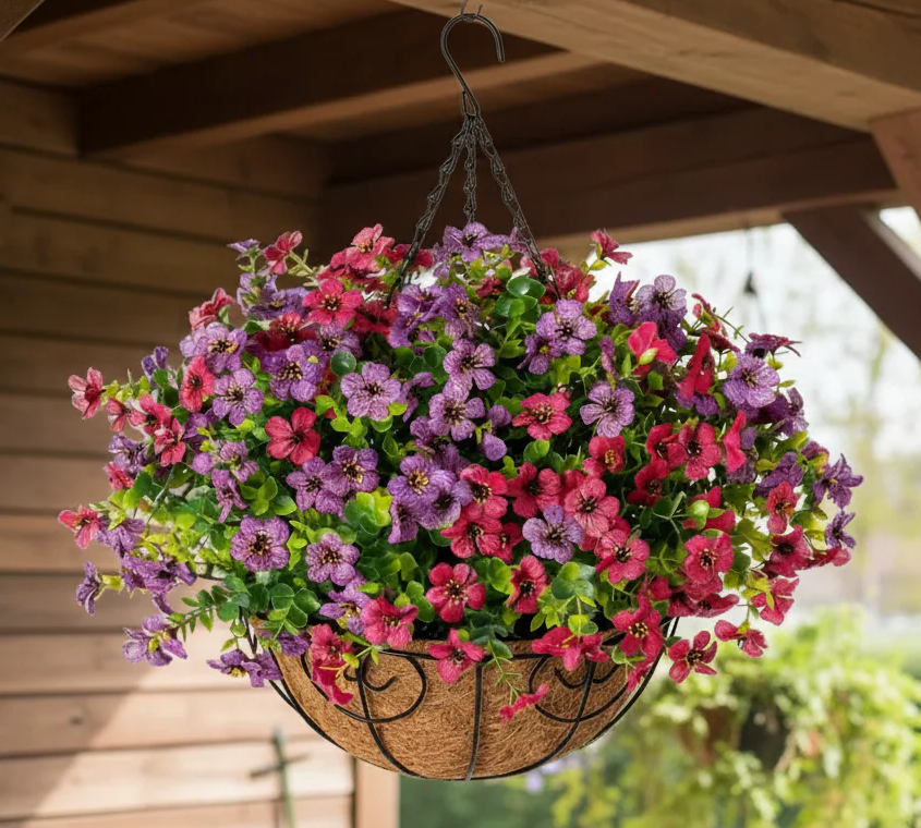 Premium Artifical Flowers Hanging Basket Pink Purple