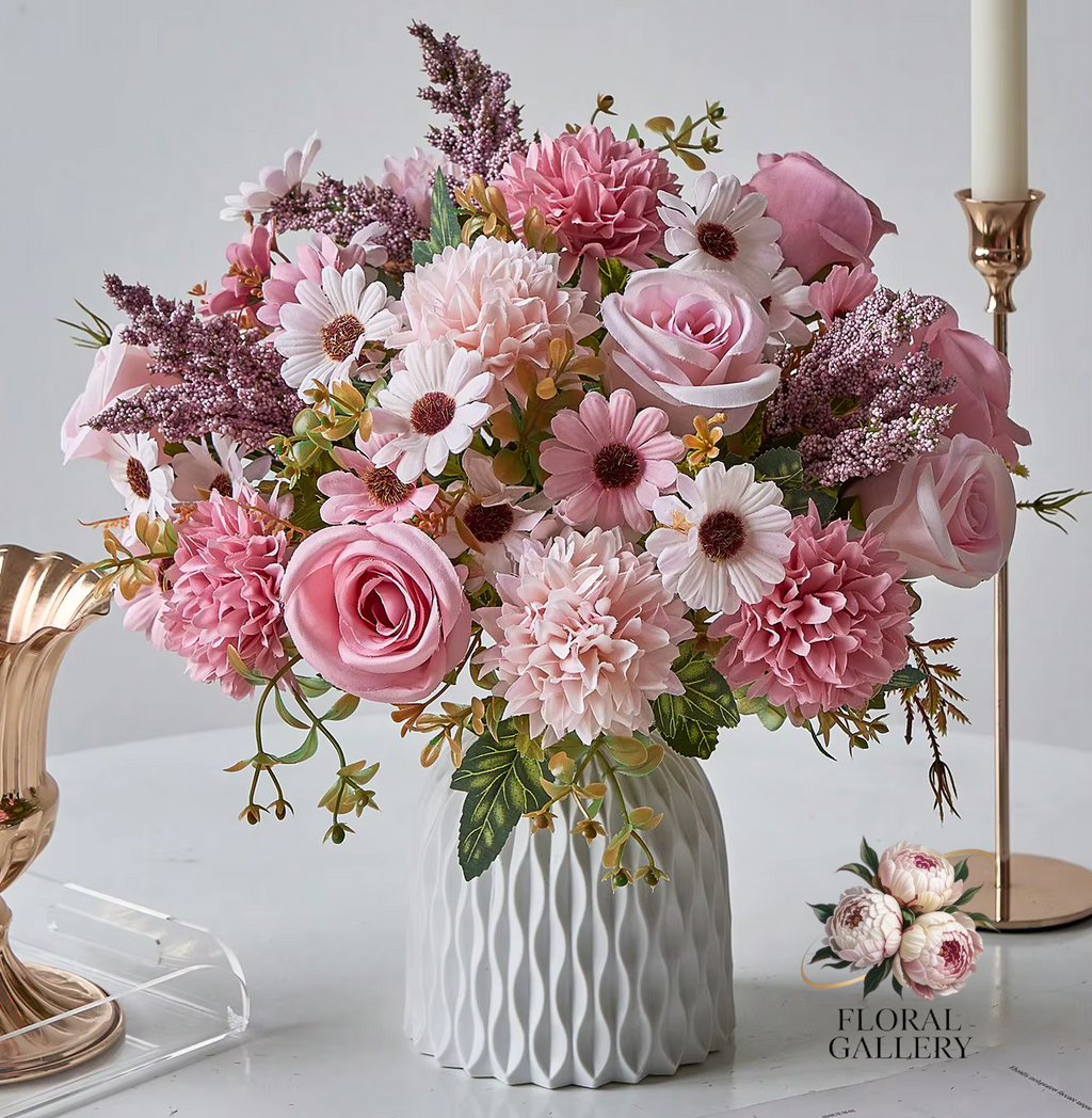 Large Bouquet Pink, Reds & White SILK Roses Hydrangea Bride Home Flowers