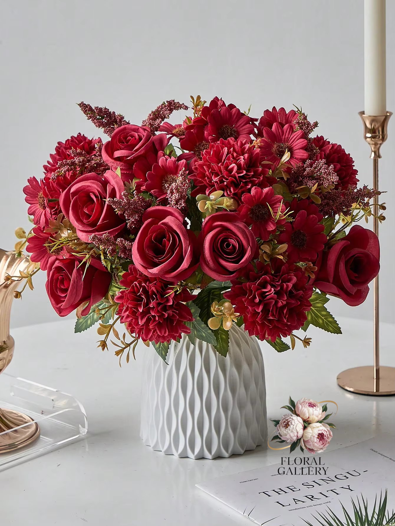 Large Bouquet Pink, Reds & White SILK Roses Hydrangea Bride Home Flowers
