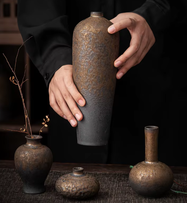 Set of 4 Vintage Bronze Textured Vases