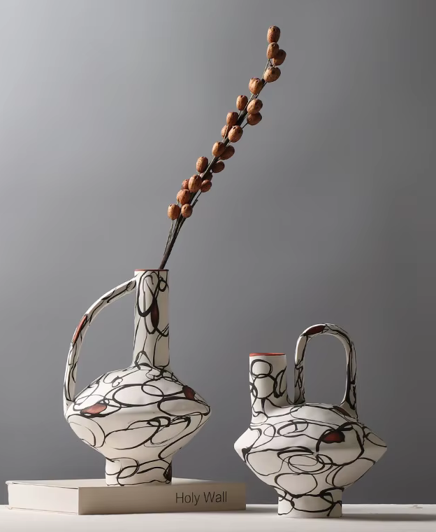 Pair of Heavy Ceramic Abstract Art VASES x 2