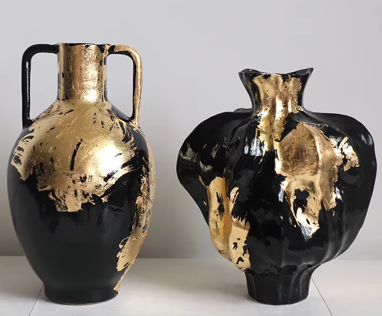 Large High End Black Abstract Vase with Gold Foil Pattern