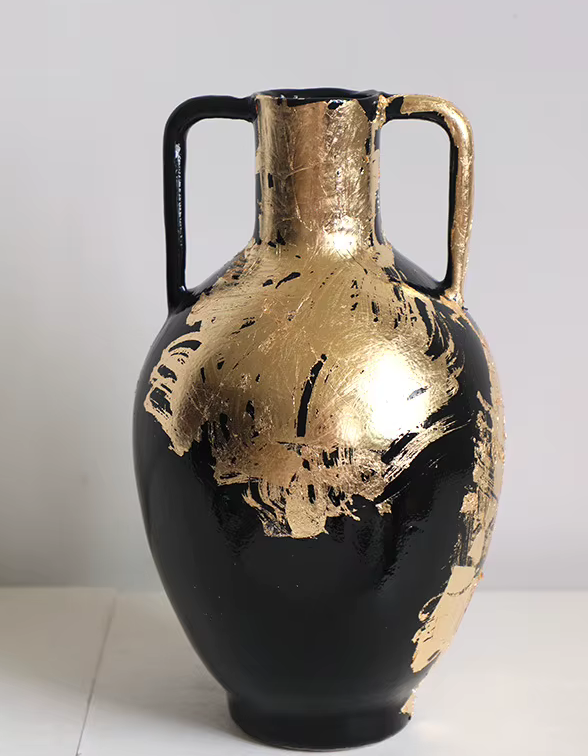 Large High End Black Abstract Vase with Gold Foil Pattern