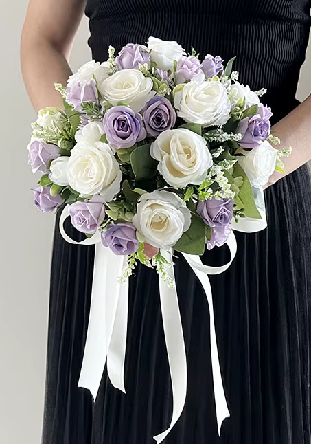 Purple & White Roses Bride Wedding Bouquet Silk Flowers + Boutonniere