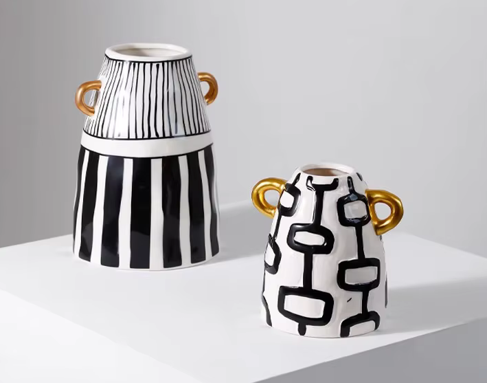 Pair of Modern Abstract Jug Vases with Gold Handles