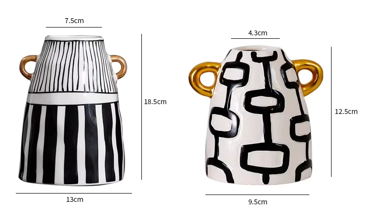Pair of Modern Abstract Jug Vases with Gold Handles
