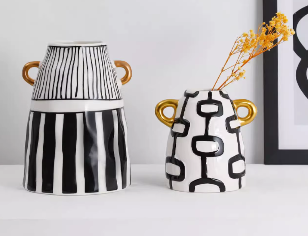 Pair of Modern Abstract Jug Vases with Gold Handles