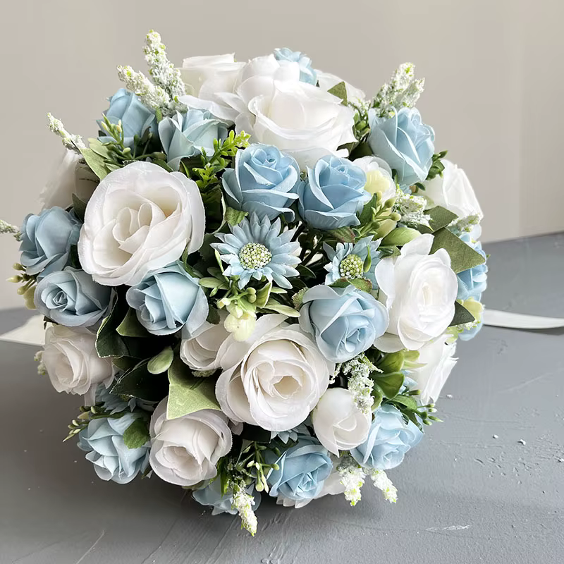 Blue & White Roses Bride Bouquet Silk Flowers