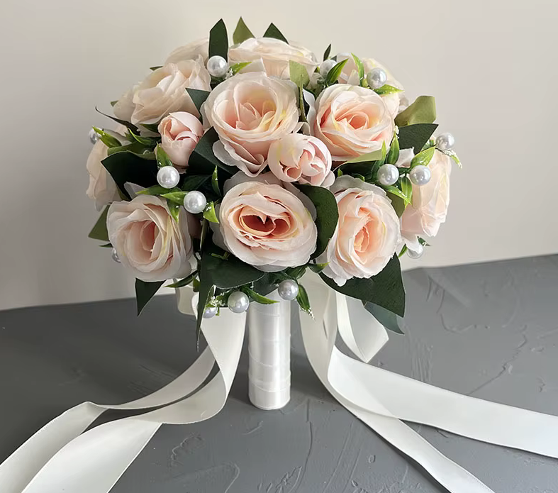 Peach Peony & Pearls Wedding Bouquet + Boutonnieres & Wrist Corsage
