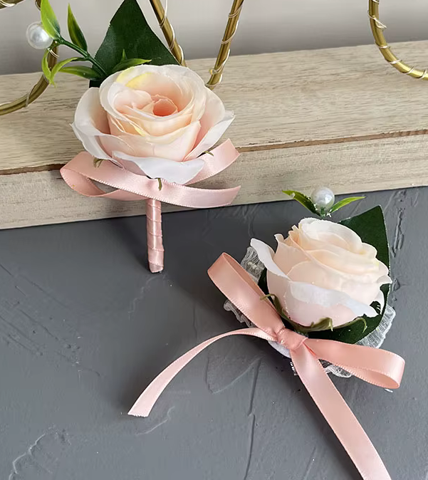 Peach Peony & Pearls Wedding Bouquet + Boutonnieres & Wrist Corsage
