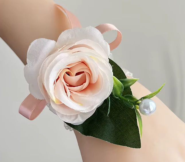 Peach Peony & Pearls Wedding Bouquet + Boutonnieres & Wrist Corsage