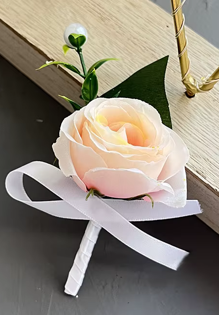 Peach Peony & Pearls Wedding Bouquet + Boutonnieres & Wrist Corsage