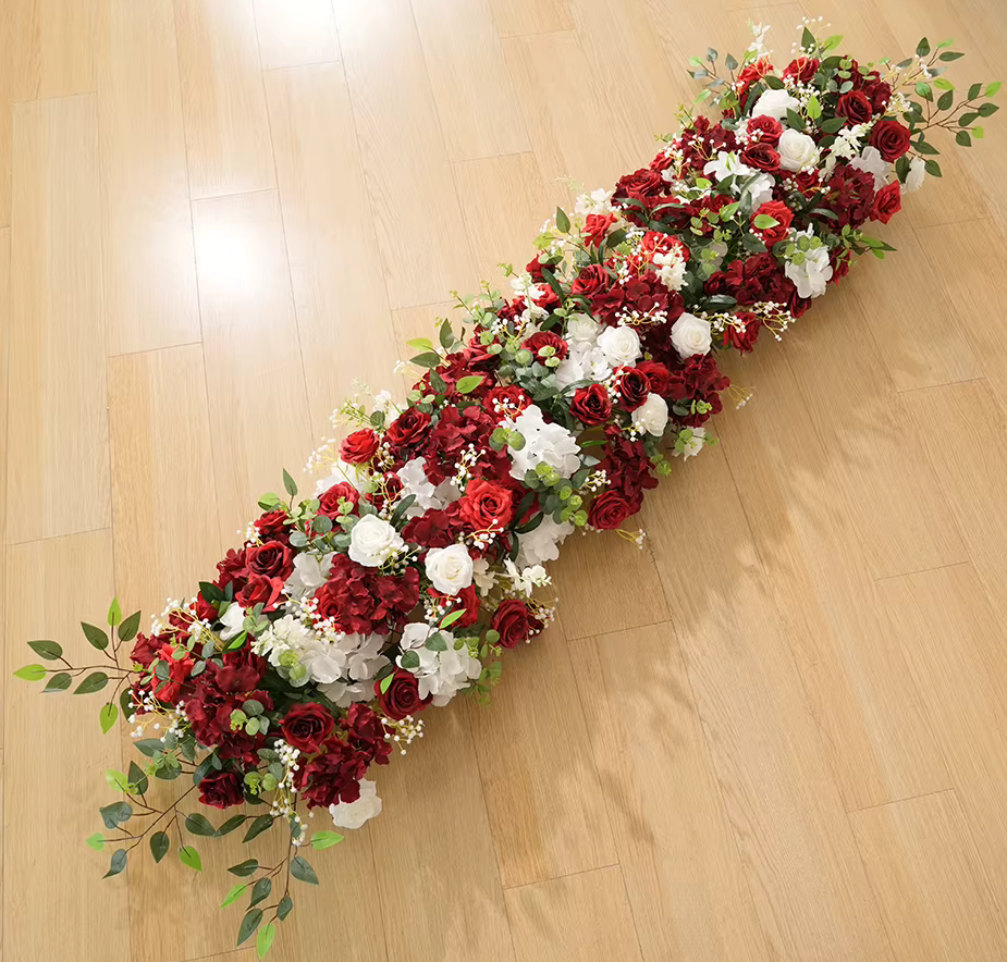 Dark Red Roses & White Gypsophila Wedding Flowers Row