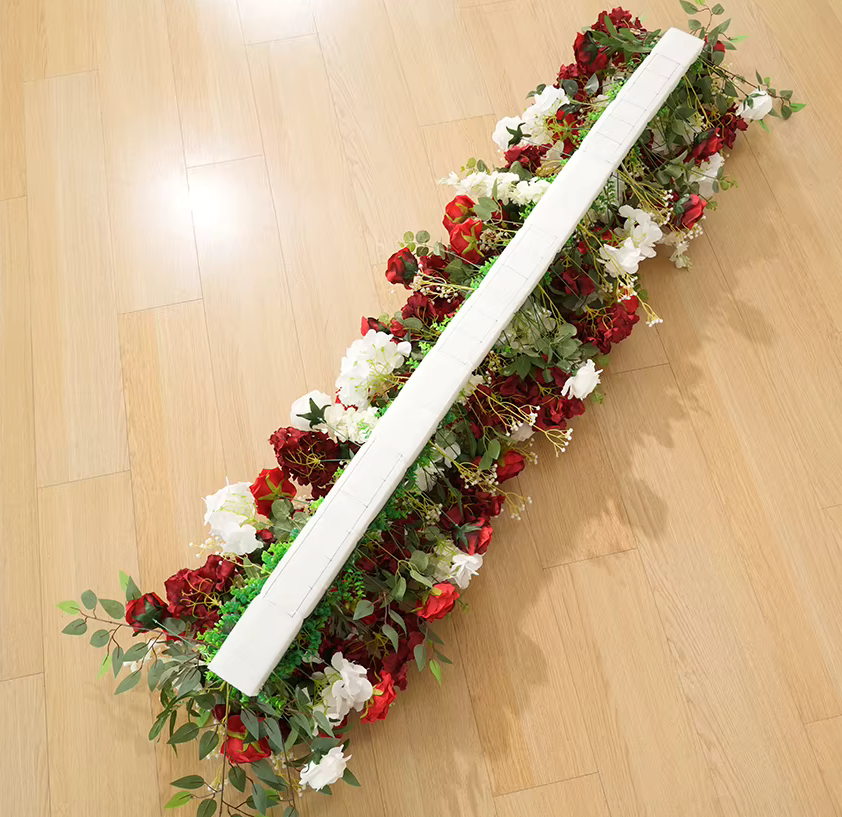 Dark Red Roses & White Gypsophila Wedding Flowers Row
