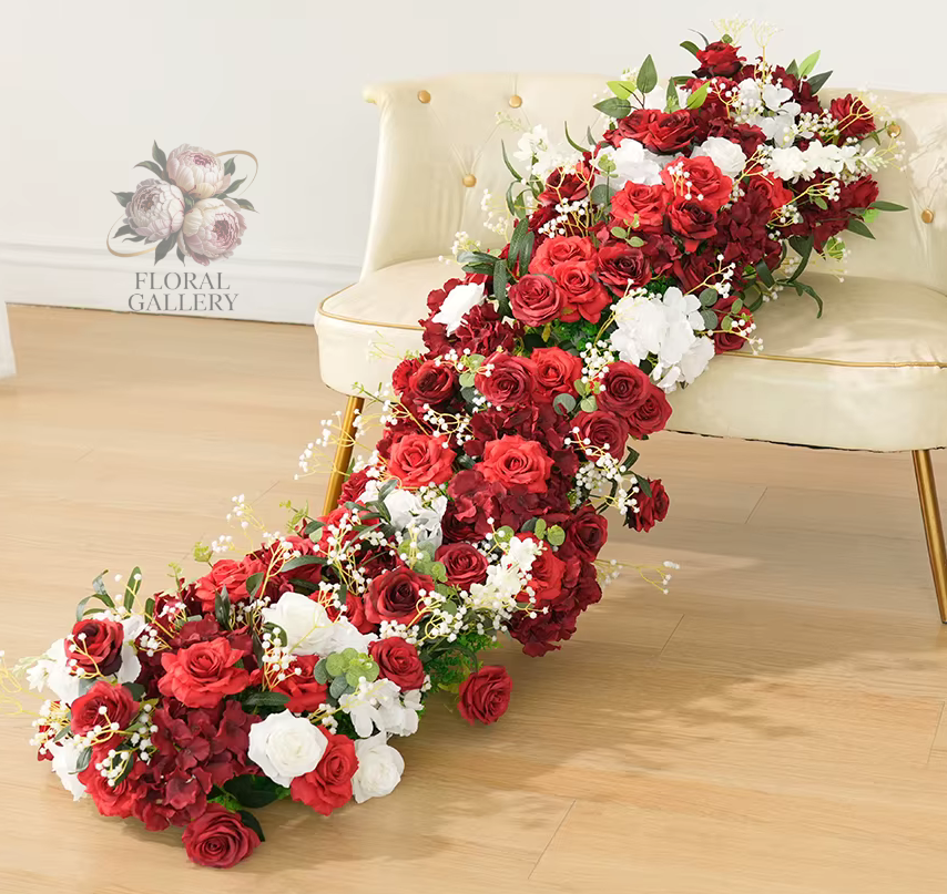 Dark Red Roses & White Gypsophila Wedding Flowers Row