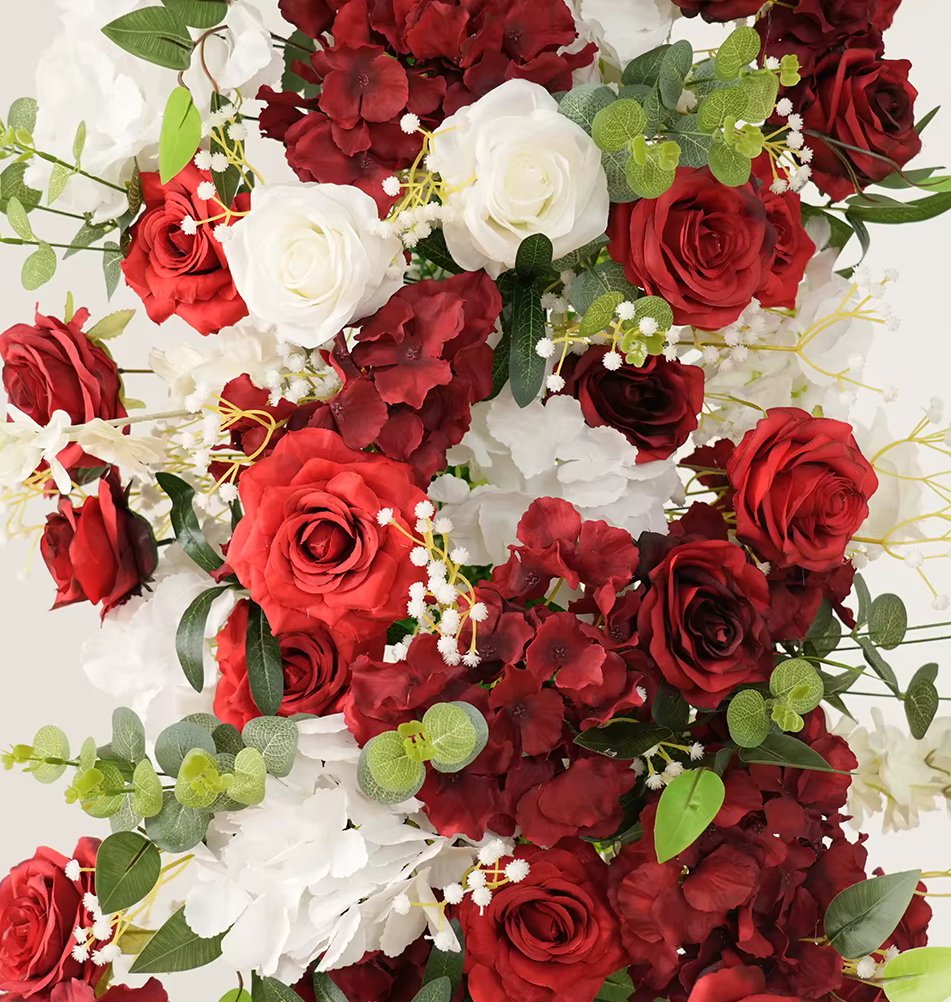 Dark Red Roses & White Gypsophila Wedding Flowers Row