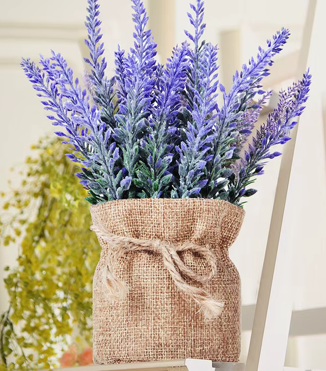 Cute Potted Artificial Lavender Flowers in Hemp Sack Pot