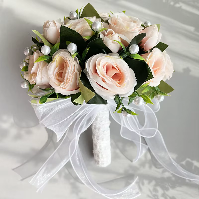 White Roses & Pearls Wedding Bouquet + Boutonnieres & Wrist Corsage