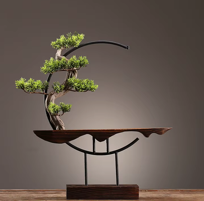 Pine Bonsai Large Wooden Frame with Incense Burner