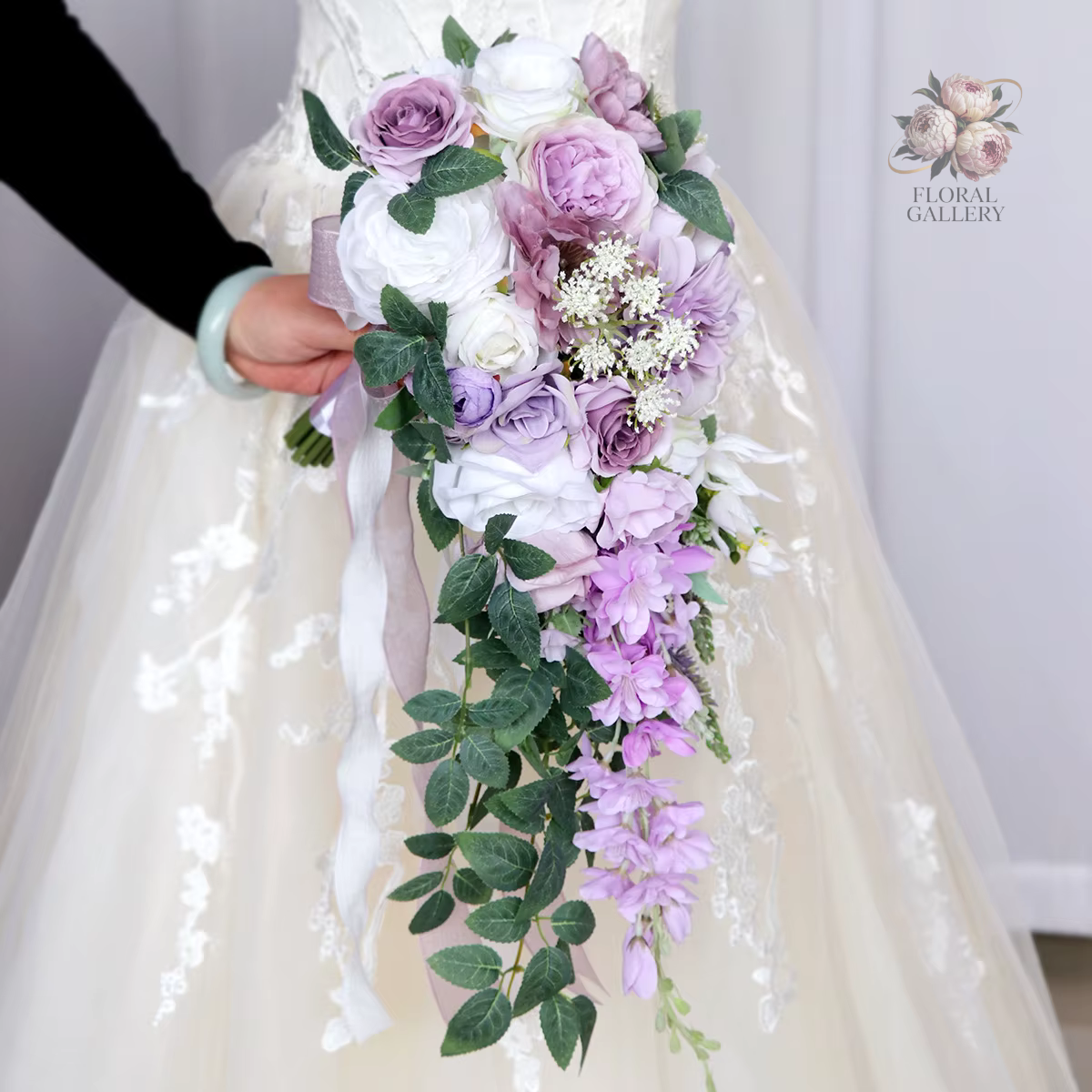 Lilac Purple & White Roses Waterfall Wedding Bridal Bouquet Silk Flowers