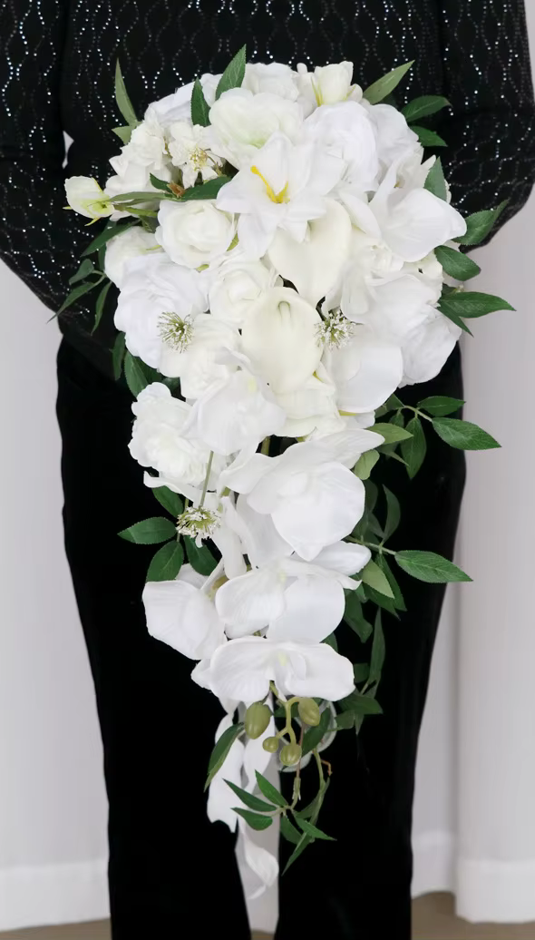 Lilac Purple & White Roses Waterfall Wedding Bridal Bouquet Silk Flowers