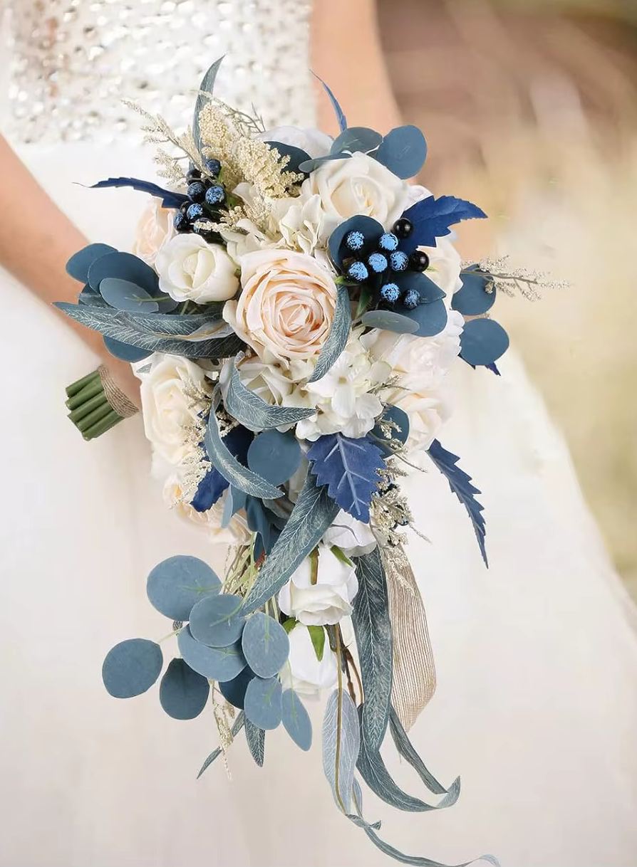Waterfall Wedding Bridal Bouquet Set Silk Flowers Champagne & Teal Blue