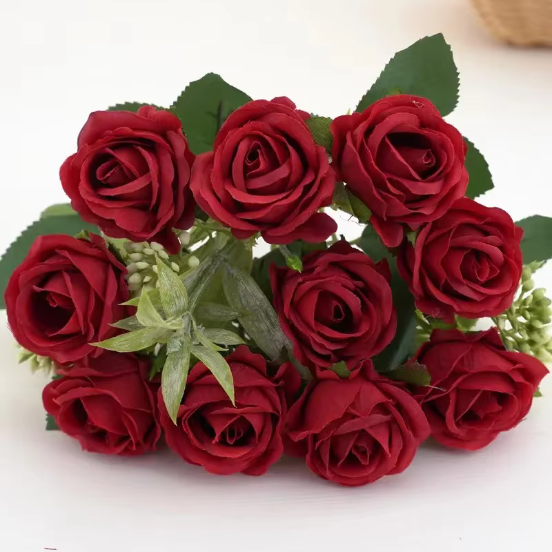 10 Head Red Roses Real Touch Artificial Flower Bouquet