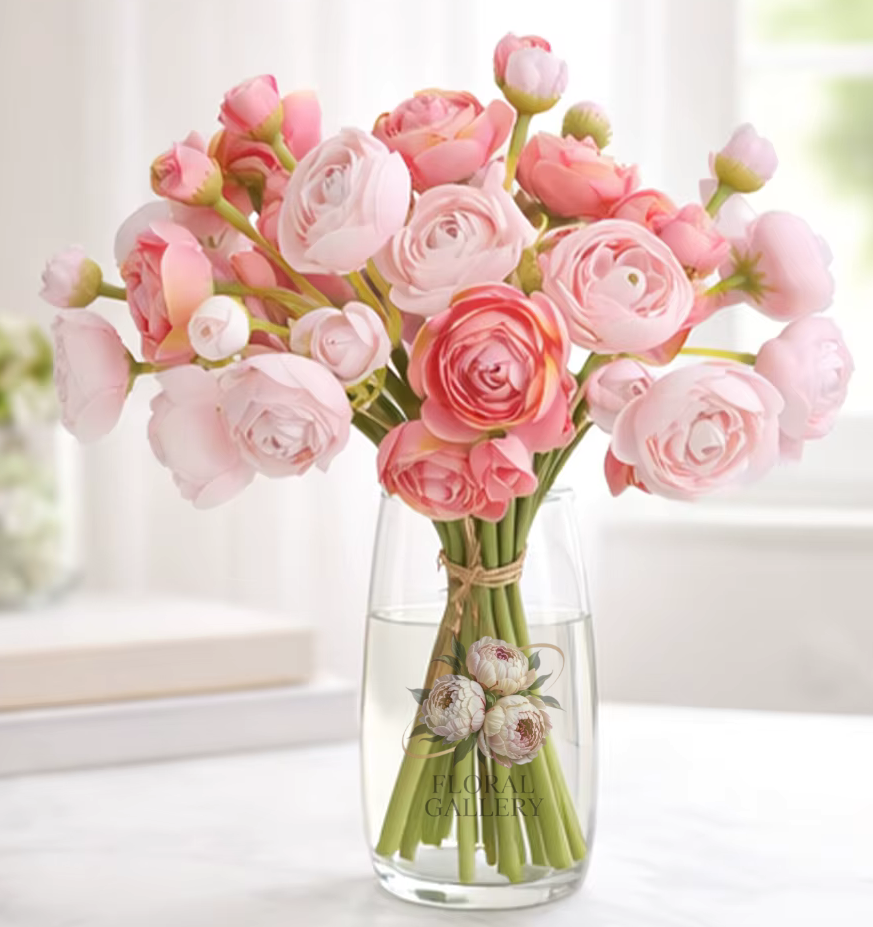 Pink Lotus Ranunculus Artificial Flower Bouquet x 6 Stems