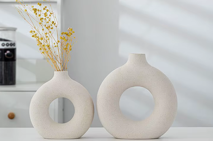 Modern White Ceramic Round Donut Vase Pair