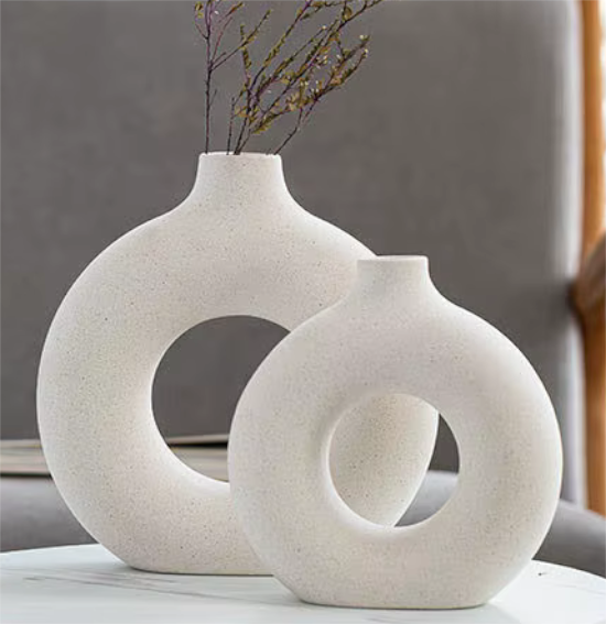 Modern White Ceramic Round Donut Vase Pair