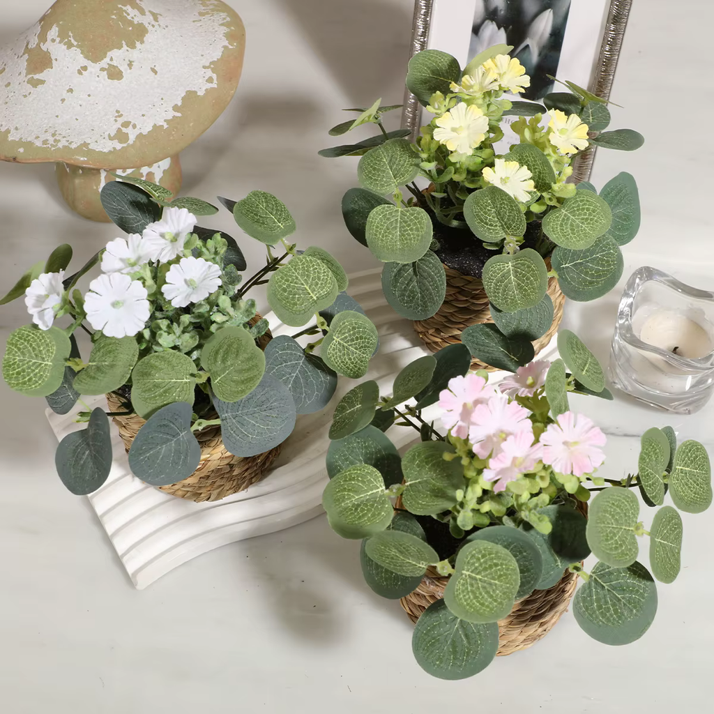 Woven Basket Artificial Eucalyptus Potted Plants with Flowers