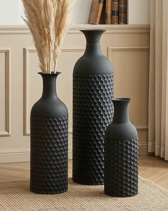 Set of 3 Black Quality Iron Floor Vases
