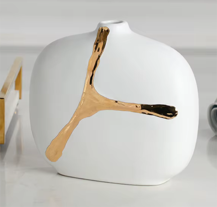 Stunning White Ceramic & Gold Splash Modern Vase