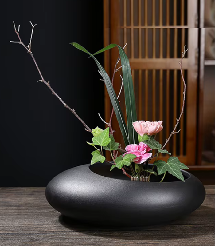 Large Black Ceramic Flat Pebble Vase
