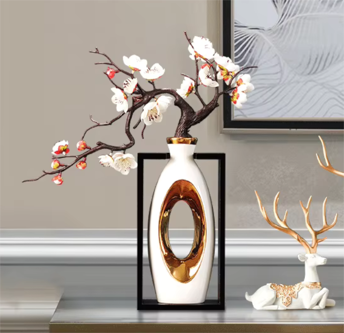 Large Modern White or Jade & Gold Vase in Frame