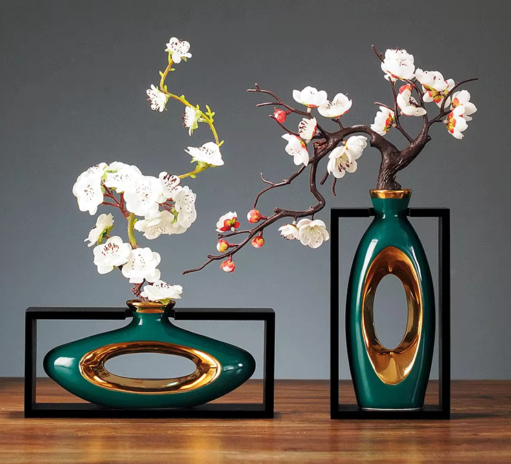 Large Modern White or Jade & Gold Vase in Frame