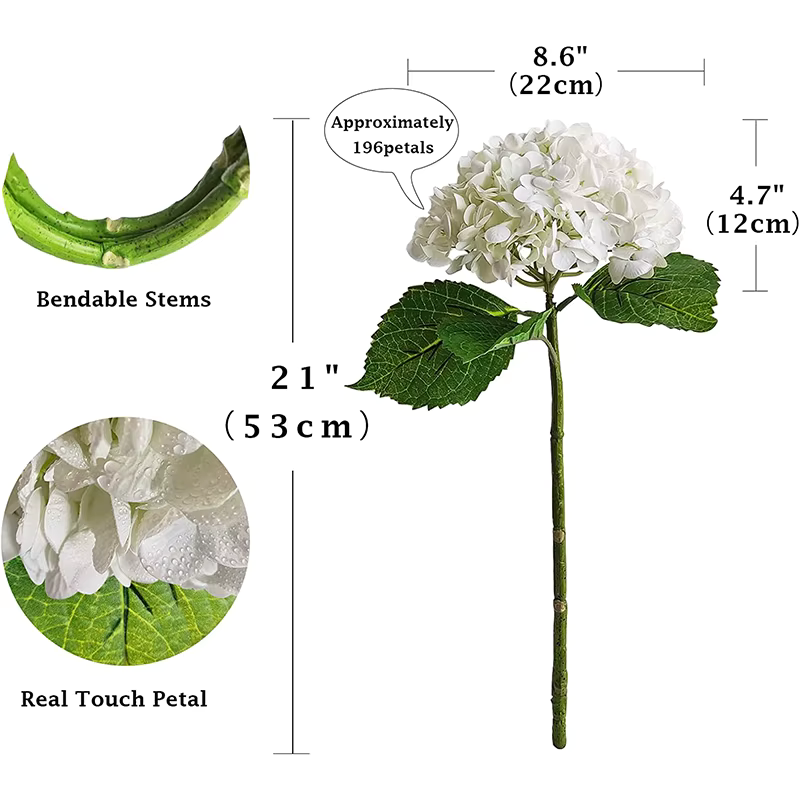 Deluxe 21cm Flower Head Real Touch Hydrangea x 3 Stems