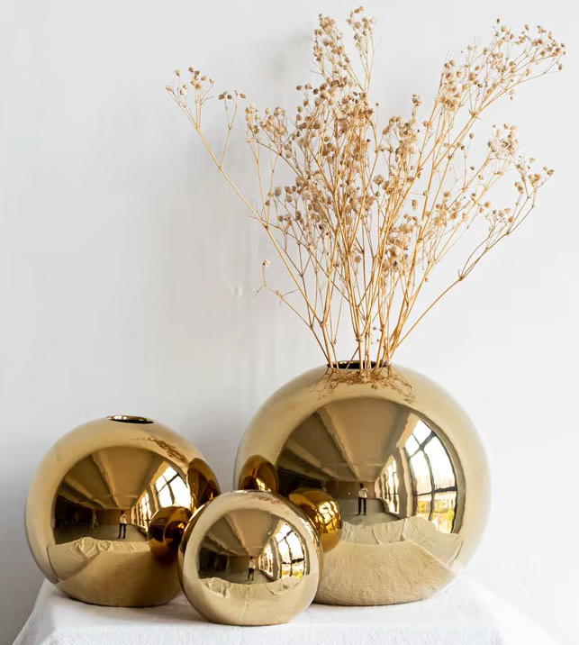 Set of 3 Round Gold Plated Mirror Vases