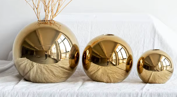 Set of 3 Round Gold Plated Mirror Vases
