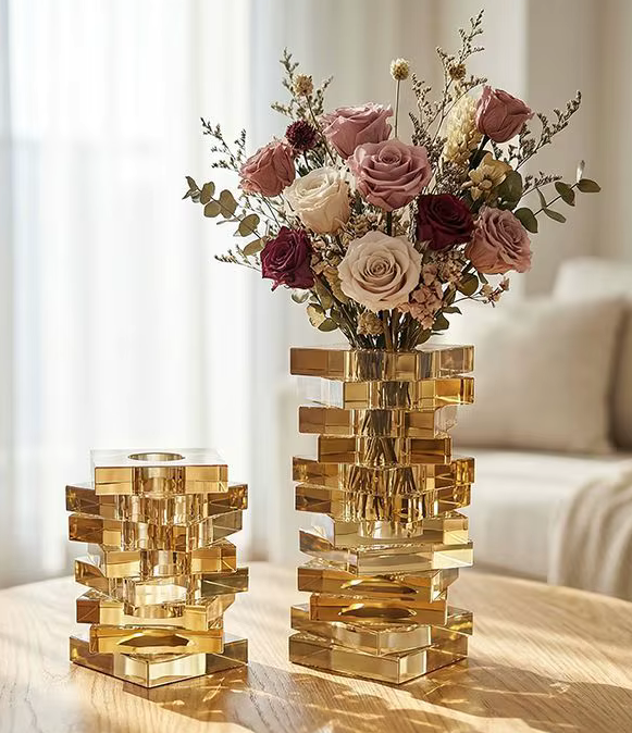 Abstract Chunky Amber Gold Jenga Vase