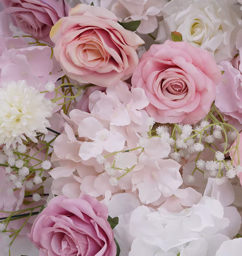 Pale Pink Roses & White Gypsophila KT Board Row Flowers