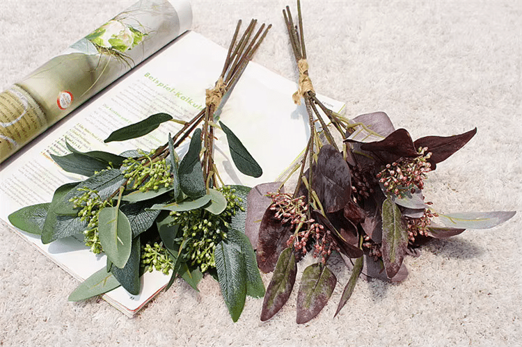 Autumn Red & Green Eucalyptus x 5 Stems - Faux Silk Flowers Christmas - The Floral Gallery