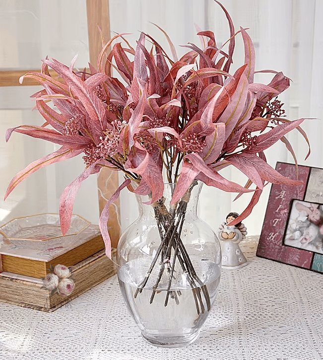 Autumn Red & Green Eucalyptus x 5 Stems - Faux Silk Flowers Christmas - The Floral Gallery