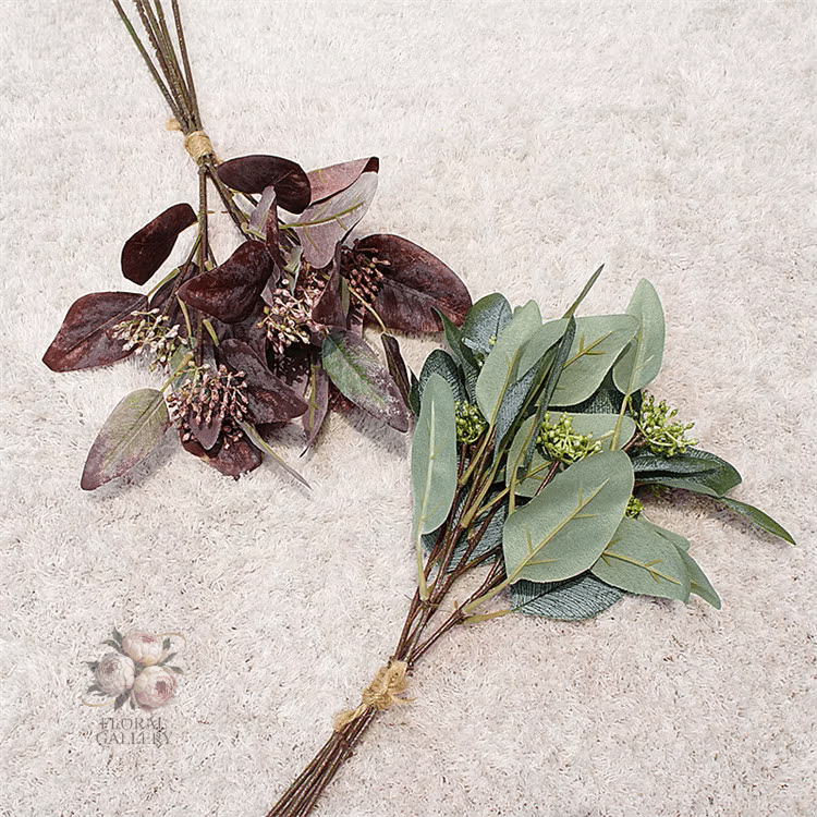 Autumn Red & Green Eucalyptus x 5 Stems - Faux Silk Flowers Christmas - The Floral Gallery