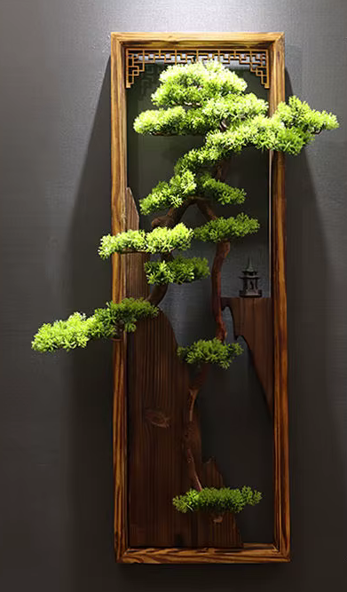 Large Hanging Artificial Bonsai Pine Tree in Wooden Frame