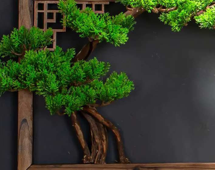Large Hanging Artificial Bonsai Pine Tree in Wooden Frame