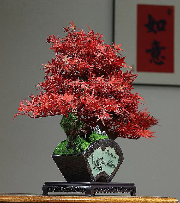 Beautiful Artificial Red Maple Bonsai Tree in Deluxe Pot