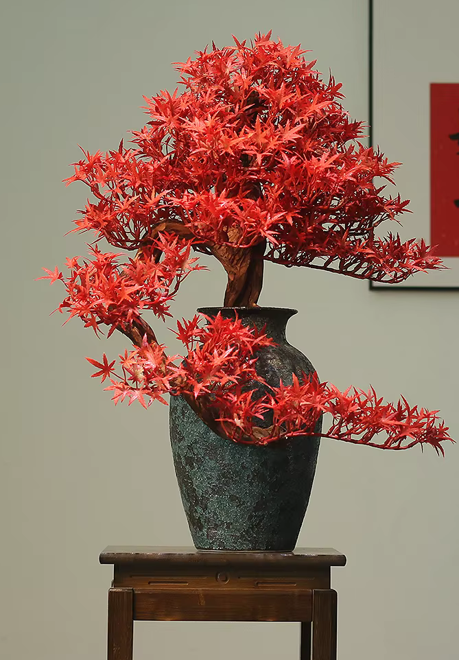 Deluxe Artificial Red Maple Bonsai Tree in Large Pot
