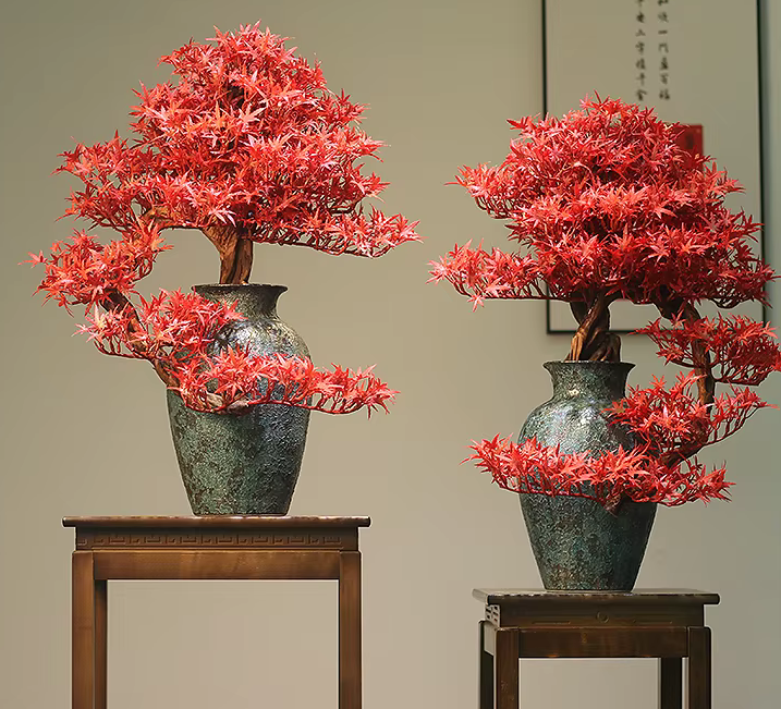 Deluxe Artificial Red Maple Bonsai Tree in Large Pot